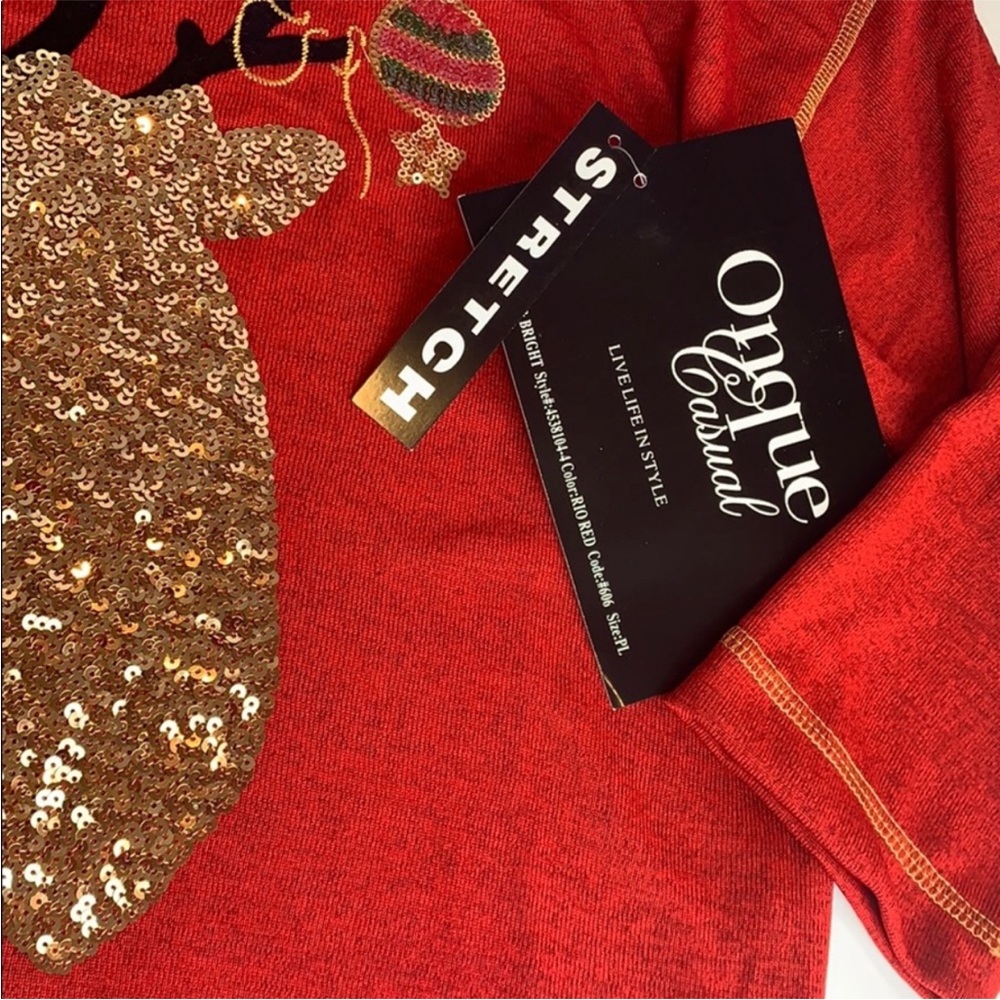 Onque Casuals Christmas Top Sz PM Top Shirt Blouse Red Holiday Reindeer NWT - Picture 9 of 12